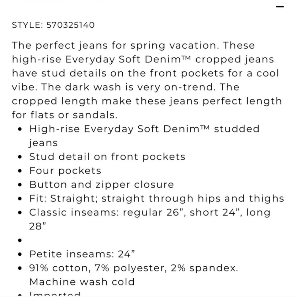 NWT WHBM High-Rise Everyday Soft Denim Studded Cropped Jeans, 10 - Picture 4 of 12
